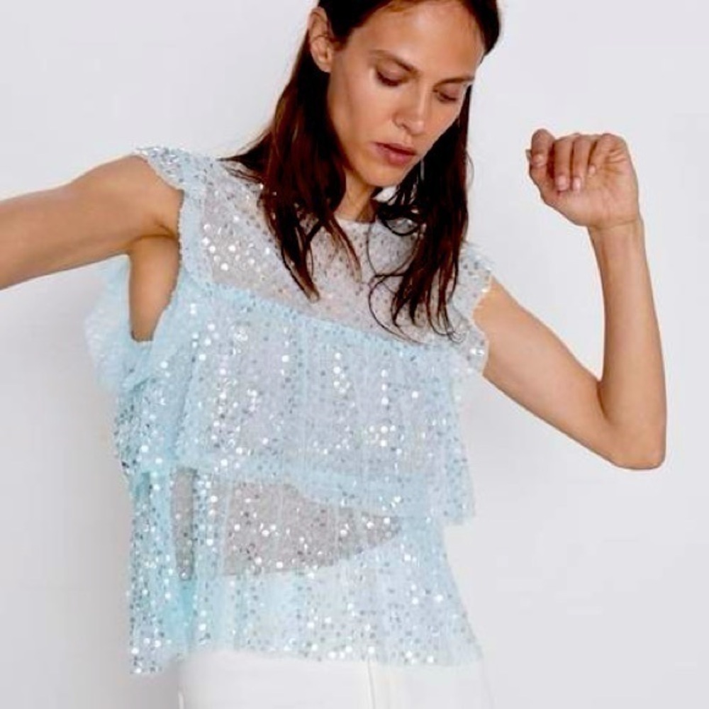 Zara sequin ruffled top pastel blue double ruffle at chest